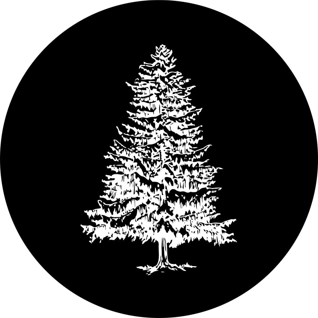 Simple Christmas tree silhouette on black vinyl holiday spare tire cover for Jeep, RV, Bronco, camper, trailer, and more