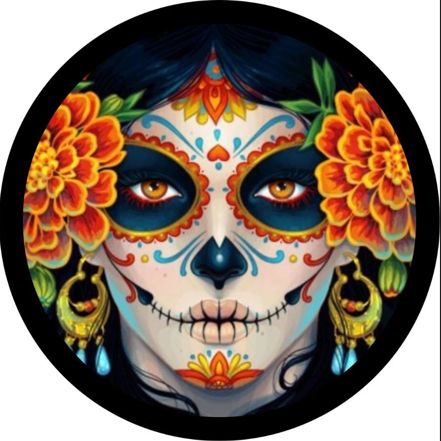 Día de los Muertos inspired spare tire cover design. Beautifully painted day of the dead sugar skull woman with bright oranges and white face surrounded by marigolds graphic design spare tire cover for Jeep, Bronco, RV, campers, and more.