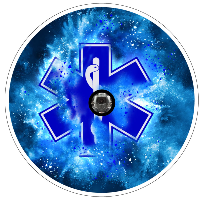 Paramedic or EMT insignia emblem in blue with a creative graphic design powder explosion spare tire covers for white vinyl and a back up camera