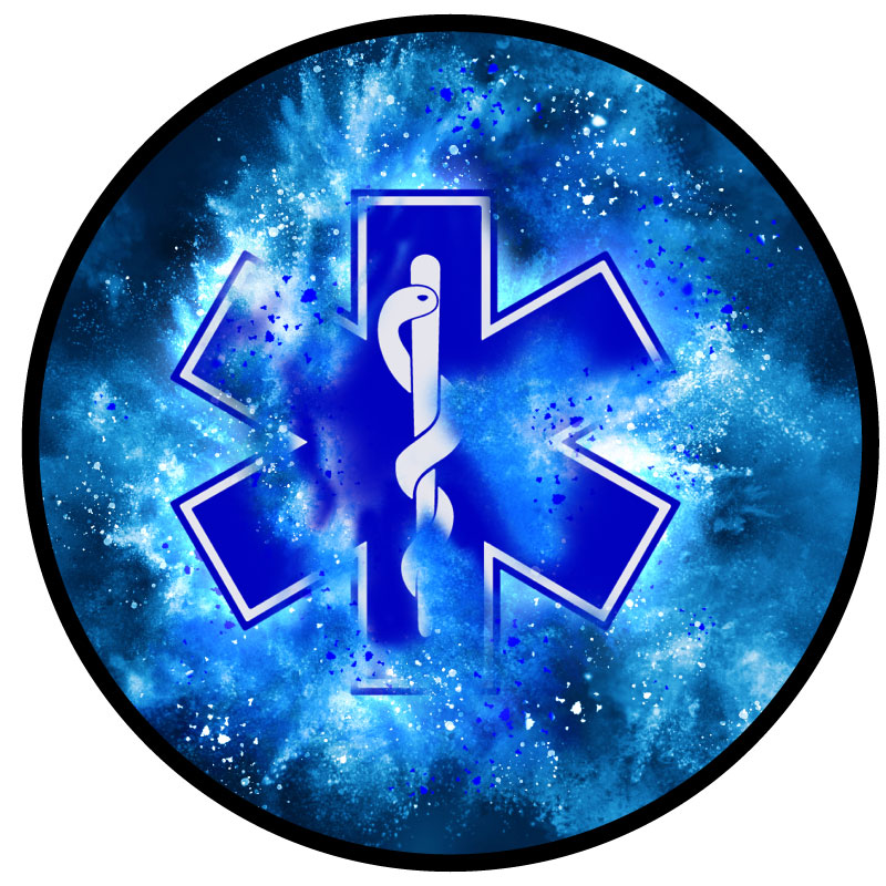 Paramedic or EMT insignia emblem in blue with a creative graphic design powder explosion spare tire covers for black vinyl