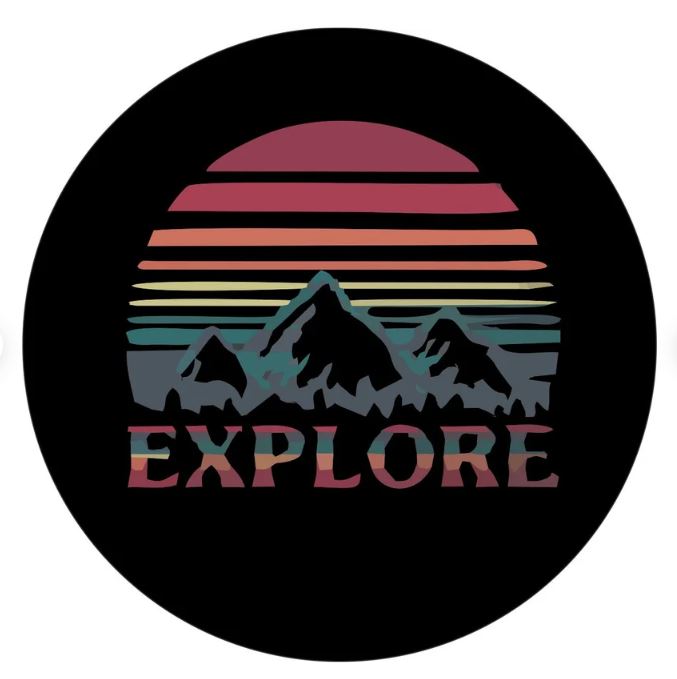 The word explore below a landscape silhouette of mountains and the sky or sun with layered jewel tones spare tire cover for campers, RV, Jeep, Broncos, and more 