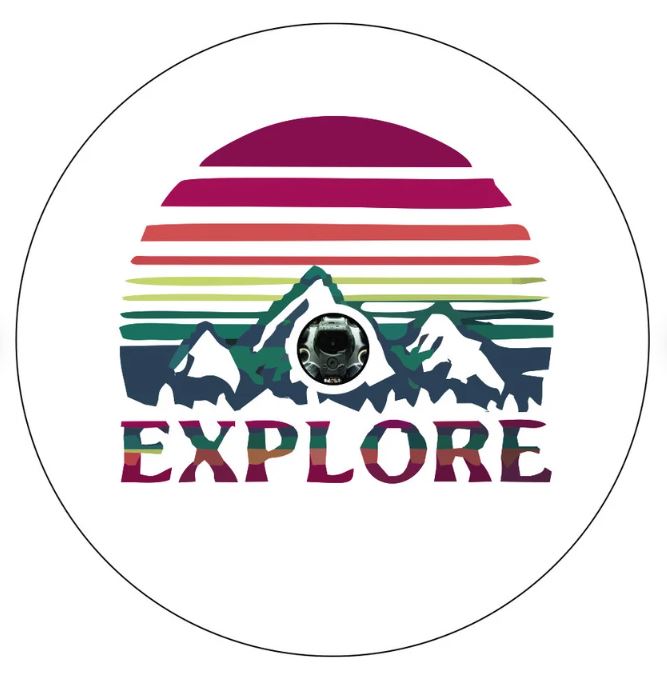 The word explore below a landscape silhouette of mountains and the sky or sun with layered jewel tones spare tire cover for campers, RV, Jeep, Broncos, and more on white vinyl with a back up camera design.