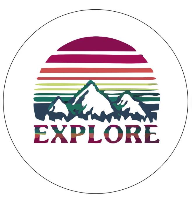 The word explore below a landscape silhouette of mountains and the sky or sun with layered jewel tones spare tire cover for campers, RV, Jeep, Broncos, and more on a white vinyl