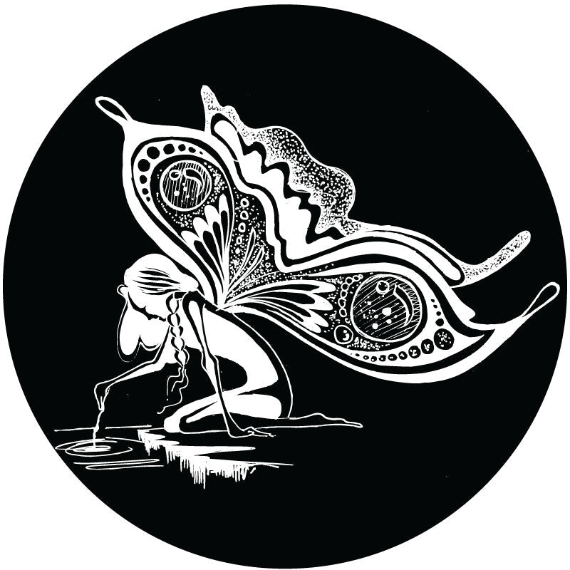 A curious fairy with beautiful hand drawn designed wings sitting at the waters edge sprinkling her fairy dust into the water. Designed as a spare tire cover for Jeep, RV, bronco, and more on black vinyl