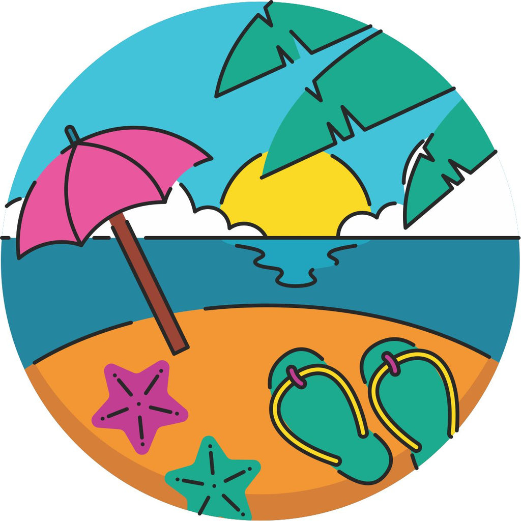 Multicolored tropical beach spare tire cover design with a beach umbrella and flip flops on the sand overlooking a sunset on the sea.