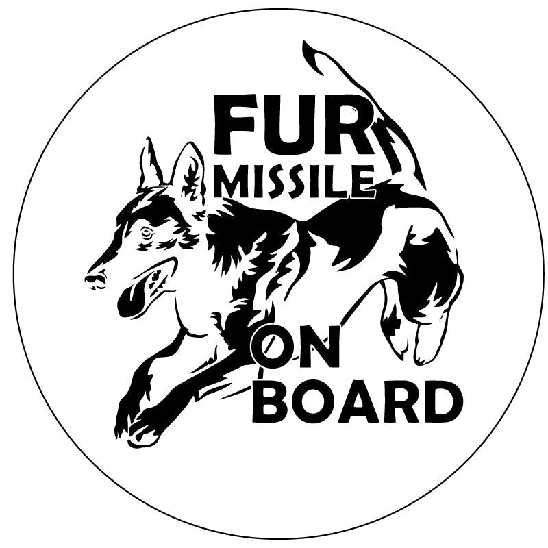 Fur missile on board belgian malinois jumping spare tire cover design for a white vinyl tire cover for Jeep, Bronco, RV, camper, and more