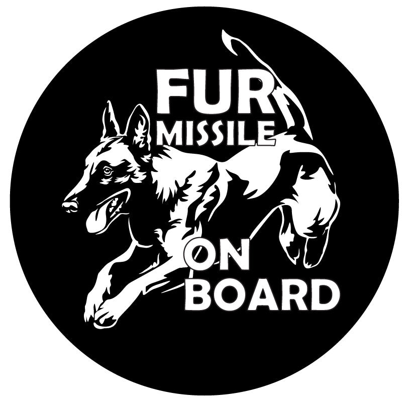 Fur missile on board belgian malinois jumping spare tire cover design for a black vinyl tire cover for Jeep, Bronco, RV, camper, and more