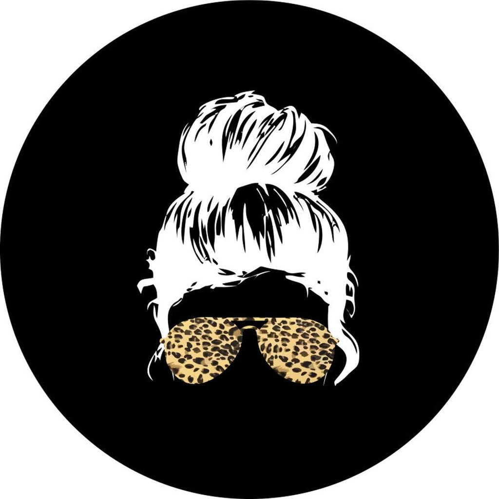 Top knot messy bun girl wearing cheetah leopard print sunglasses spare tire cover for Jeep, Bronco, RV, camper, and more. Spare tire cover design made for black vinyl.