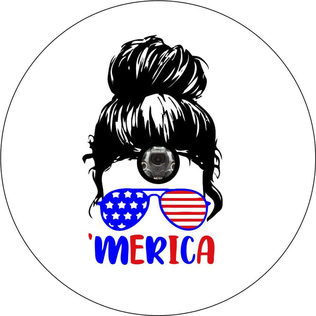 Silhouette of a girls head with a messy bun wearing sunglasses that are patriotic colors red, white and blue like the American flag and the word 'merica underneath in blue and red spare tire cover design for a white vinyl spare tire cover for Jeep, Bronco, RV, Camper, and more. Design is made for a tire cover in need of a back up camera