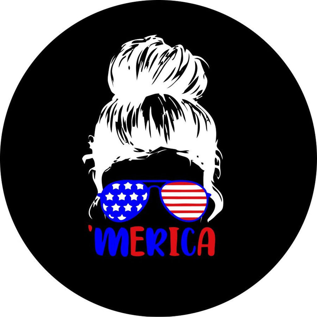 Silhouette of a girls head with a messy bun wearing sunglasses that are patriotic colors red, white and blue like the American flag and the word 'merica underneath in blue and red spare tire cover design for a black vinyl spare tire cover for Jeep, Bronco, RV, Camper, and more.