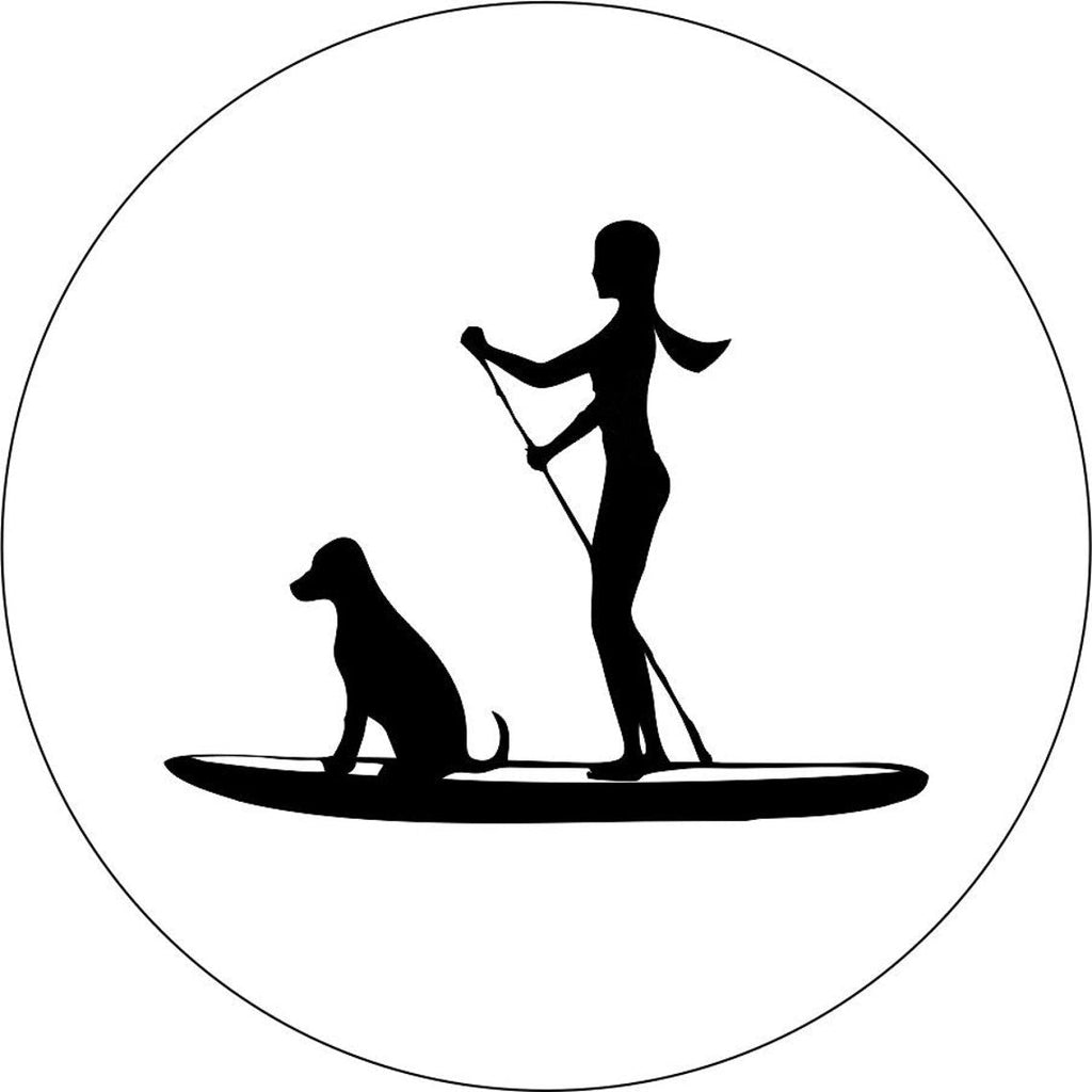 Silhouette of a woman and her dog paddle boarding, spare tire cover design for Jeep, RV, Bronco, Camper, and more on white vinyl