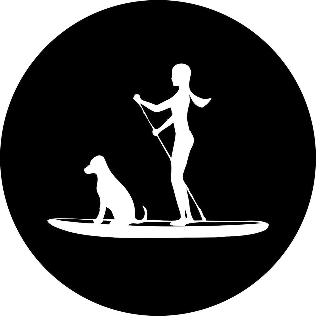 Silhouette of a woman and her dog paddle boarding, spare tire cover design for Jeep, RV, Bronco, Camper, and more on black vinyl