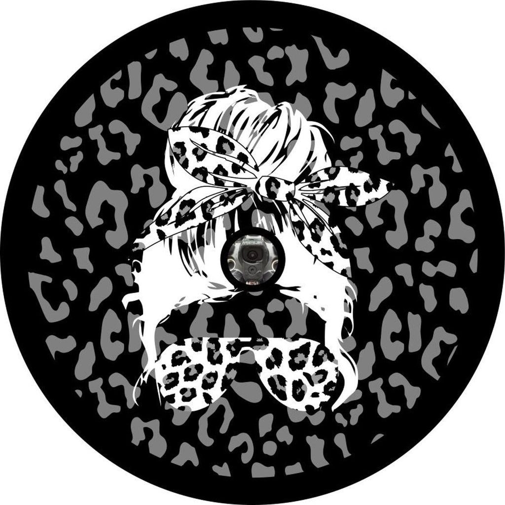 Leopard Print Spare Tire Cover With Top Knot Girl Silhouette Design