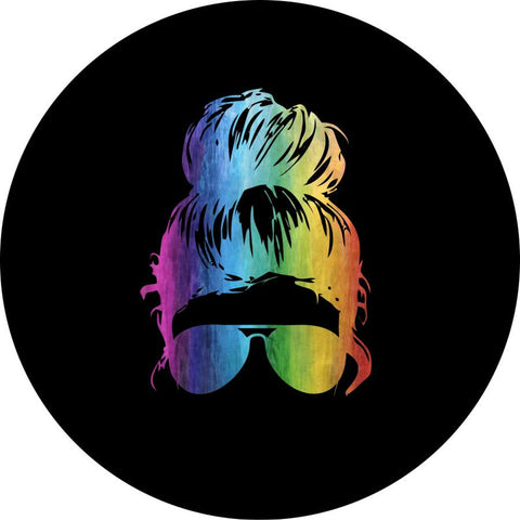 Rainbow Top Knot Messy Bun + Sunglasses | Jeep, Bronco, RV, Camper, Trailer Spare Tire Cover