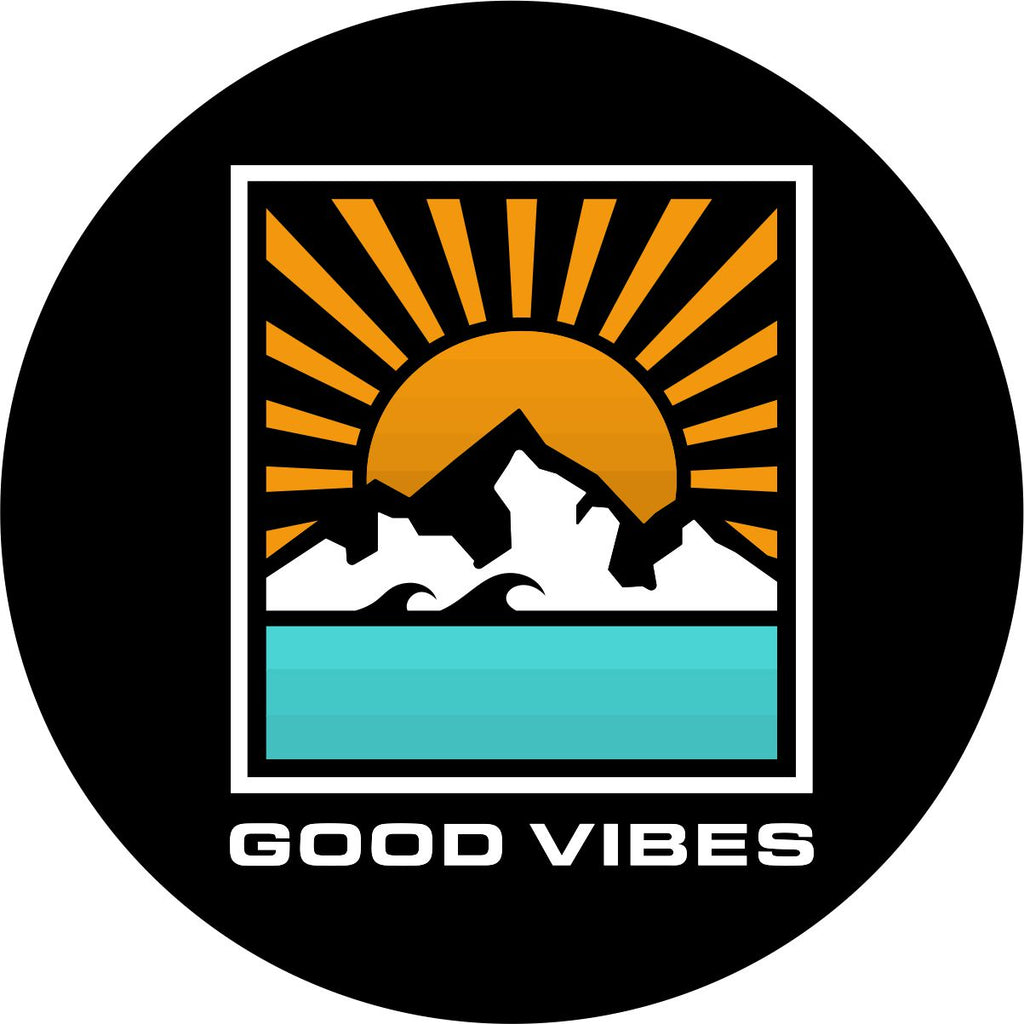 Geometric designed spare tire cover with a sun and sun rays, mountain, and water inside a rectangle with the words good vibes below for black vinyl tire cover. Spare tire cover for Bronco, Jeep, RV, Camper, trailer, and more.