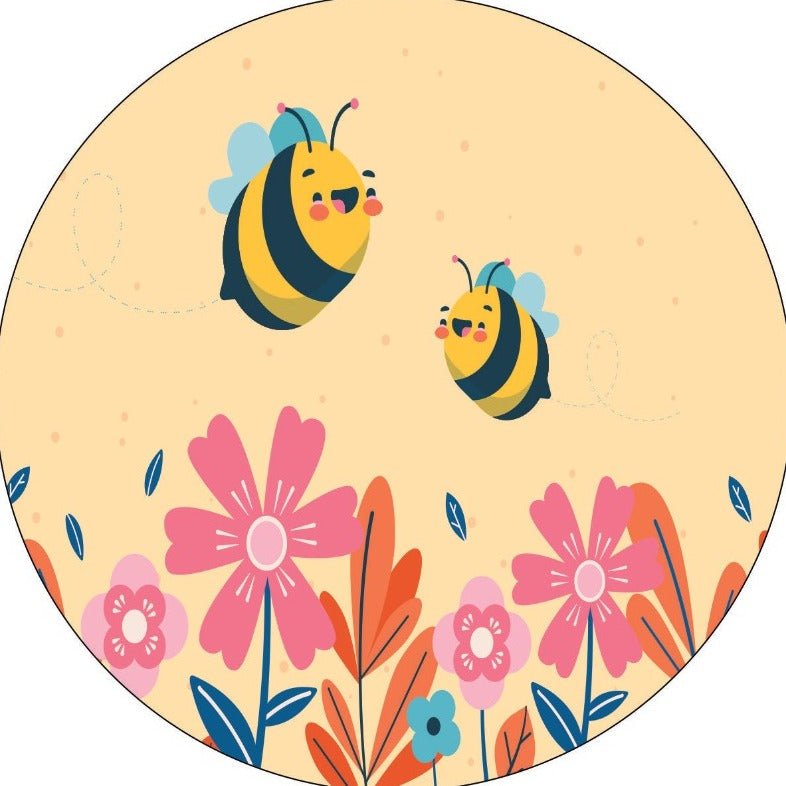 Cute graphic design of happy bees smiling above a field of flowers for a Jeep or camper spare tire cover