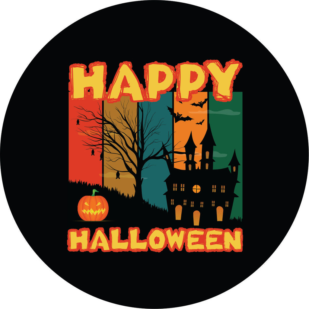 Spooky happy halloween spare tire cover design with multicolored fall colors and a spooky haunted house silhouette with a pumpkin, bats, and trees.