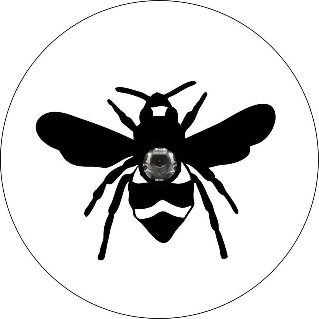 Simple black silhouette of a honey bee on white vinyl spare tire cover with a camera hole for a back up camera.