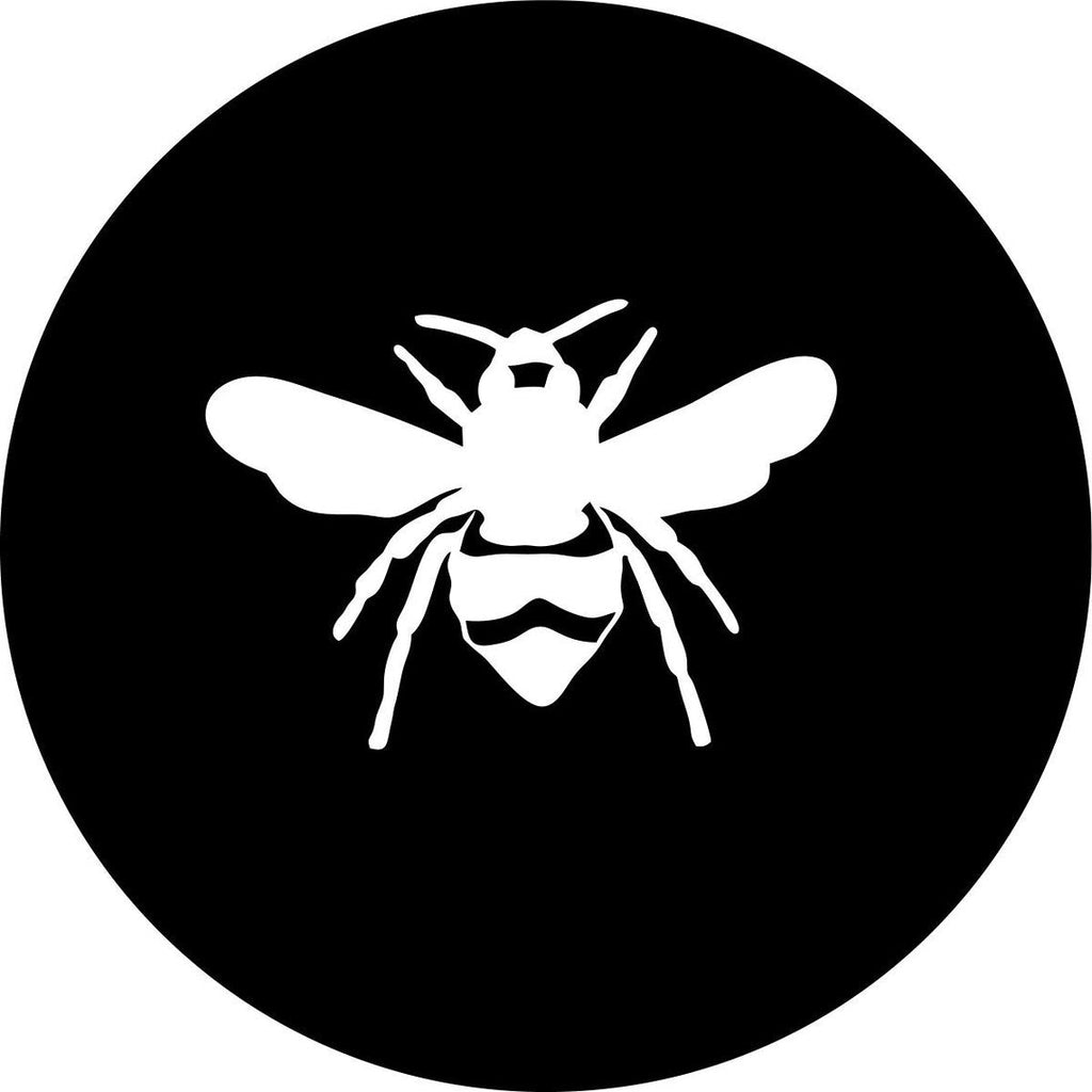 Simple white silhouette of a honey bee on black vinyl spare tire cover.