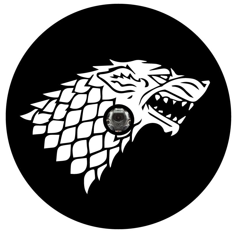 Black vinyl spare tire cover for spare wheels with back up cameras with a white silhouette of the House Stark from Game of Thrones dire wolf sigil.