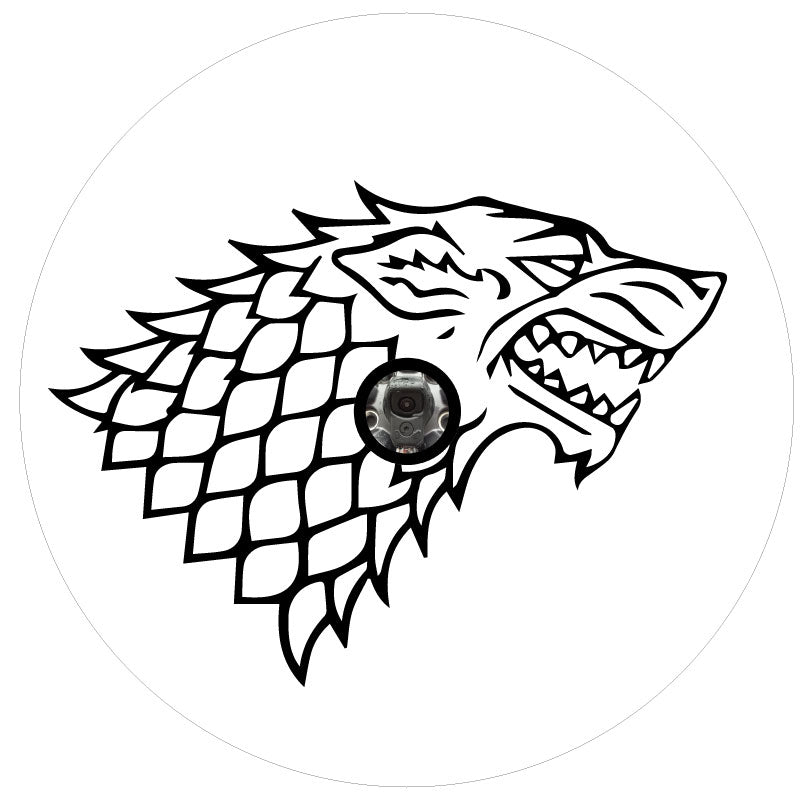 White vinyl spare tire cover for spare wheels with back up cameras with a black silhouette of the House Stark from Game of Thrones dire wolf sigil.