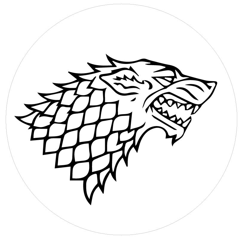White vinyl spare tire cover with a black silhouette of the House Stark from Game of Thrones dire wolf sigil.