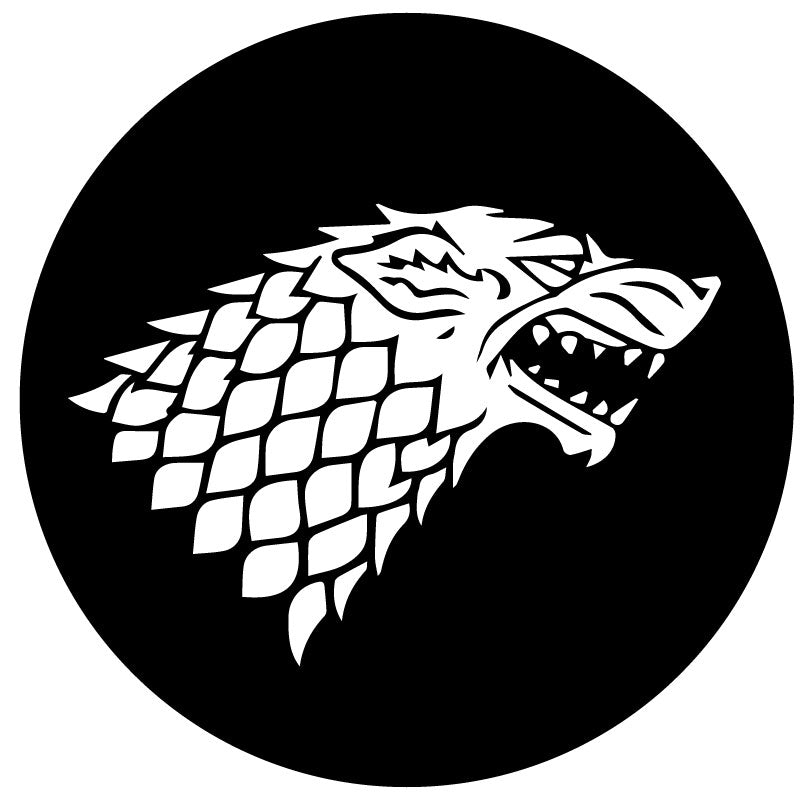 Black vinyl spare tire cover with a white silhouette of the House Stark from Game of Thrones dire wolf sigil.