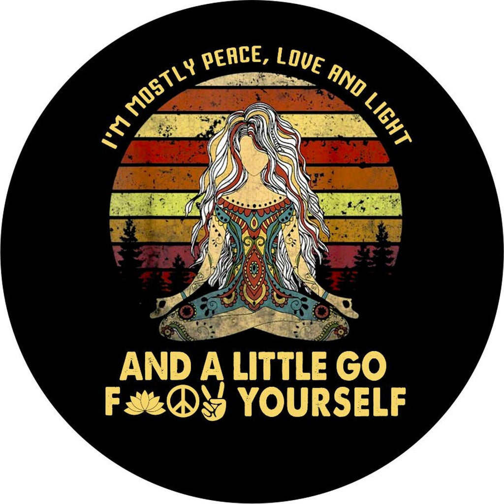 Colorful goddess spare tire cover design of a women sitting criss-crossed and a funny quote around the edge and below.