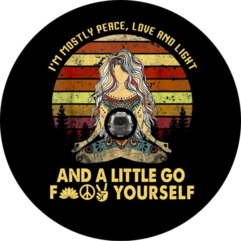 Colorful goddess spare tire cover design of a women sitting criss-crossed and a funny quote around the edge and below with a space for a back up camera