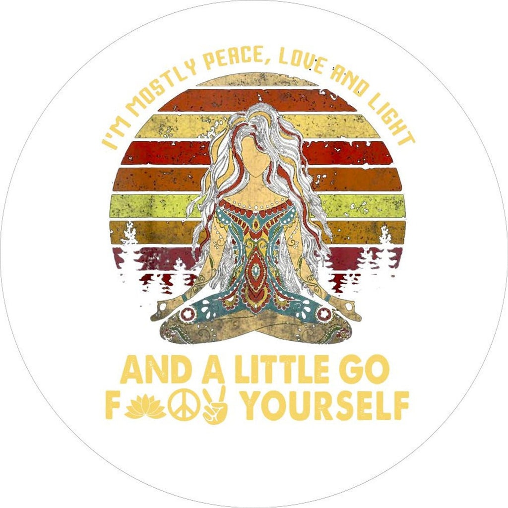 White vinyl colorful goddess spare tire cover design of a women sitting criss-crossed and a funny quote around the edge and below.