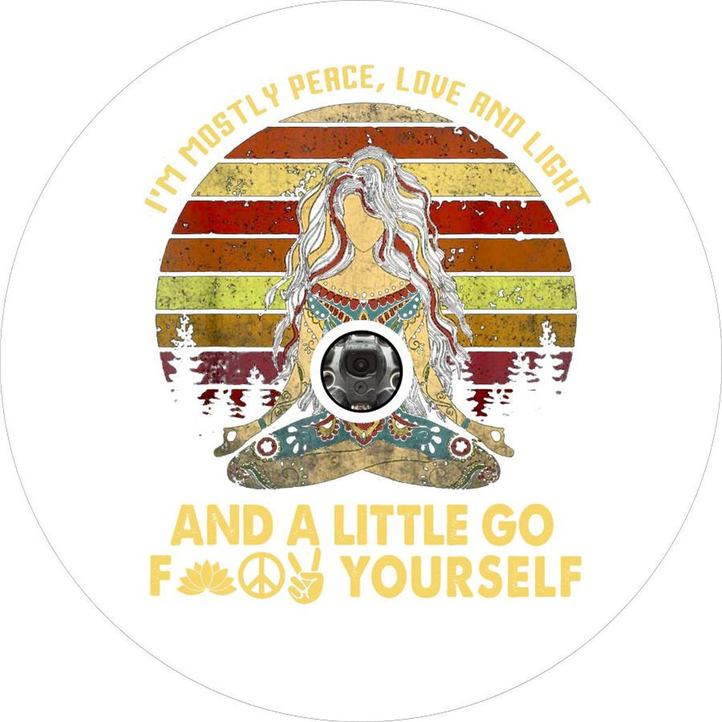 White vinyl colorful goddess spare tire cover design of a women sitting criss-crossed and a funny quote around the edge and below with a space for a back up camera