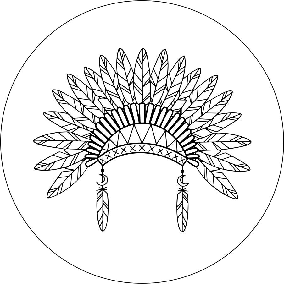 Line drawn silhouette of an native American headdress spare tire cover design on white vinyl