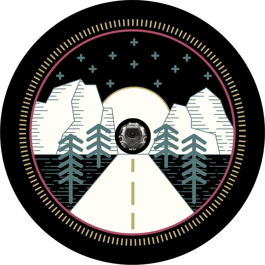 Thin lined graphics unique spare tire cover of nature, mountains, and the highway. Whimsical designed spare tire cover for RV, Bronco, Jeep, camper, and more. Can accommodate Jeep tire cover with camera hole.