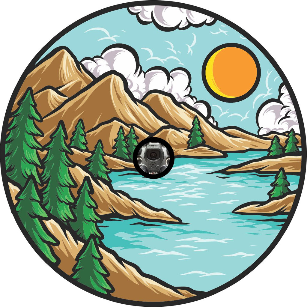 Vibrant colorful and creative mountain landscape spare tire cover design with a back up camera hole.