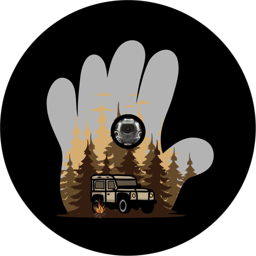 Camping with a Jeep by the fire creative spare tire cover design inside the Jeep wave. Designed to fit a spare tire with a back up camera.