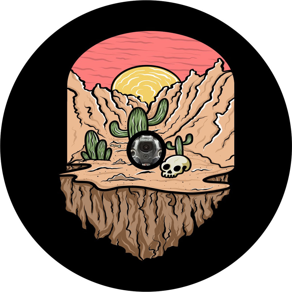 Death Valley creative spare tire cover for a spare tire with a back up camera. Design. Rocky valley with cactus, skull, and the sun setting creative spare tire cover design