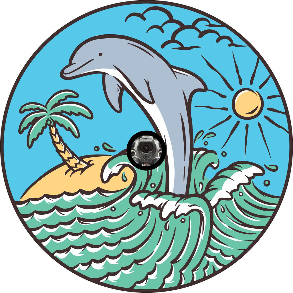 A tropical spare tire cover with a dolphin swimming on top of a wave. Creative beach theme spare tire cover design for spare tires in need of a back up camera hole.