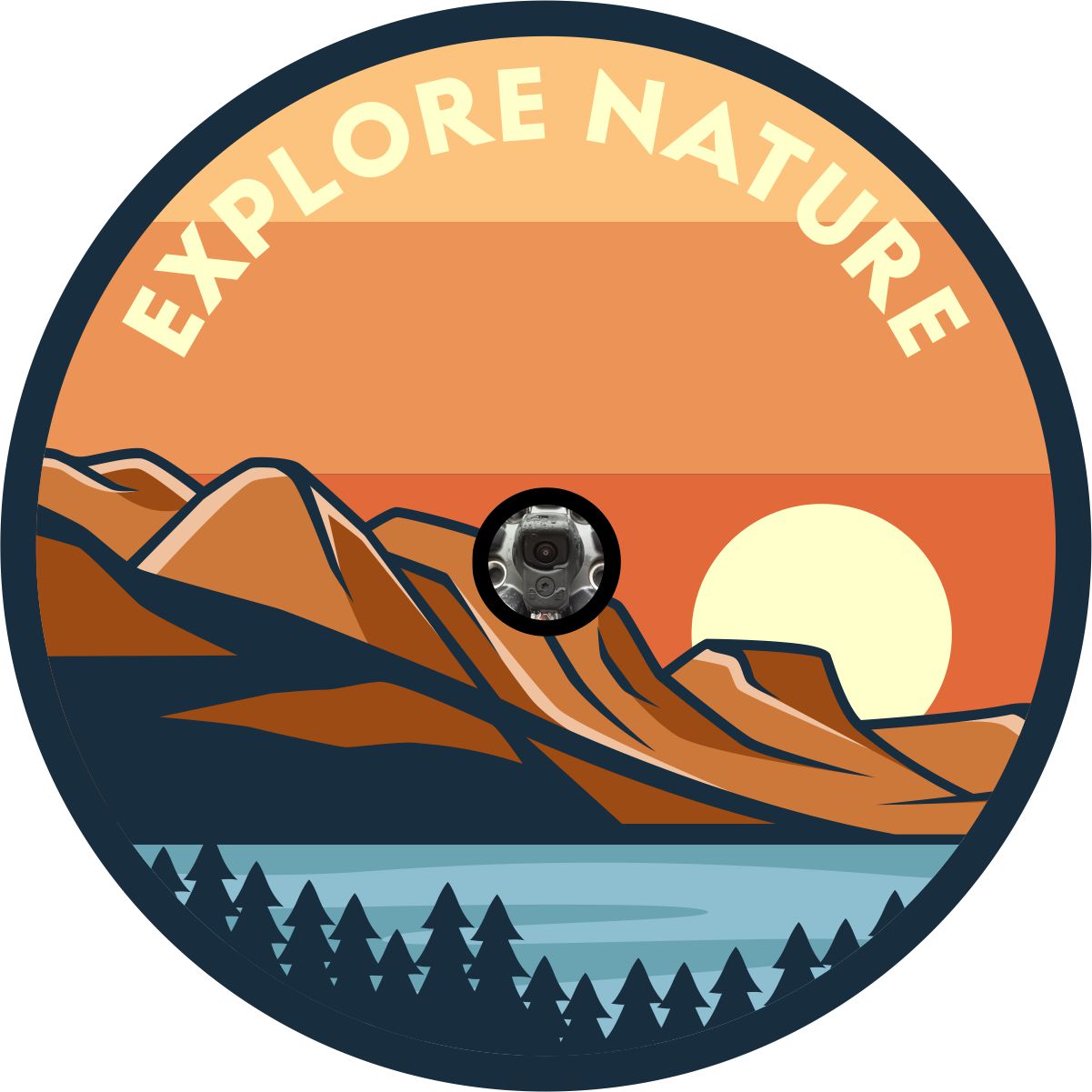Spare tire cover with a camera hole for back up camera of a mountain and sea landscape with the words explore nature over the top.
