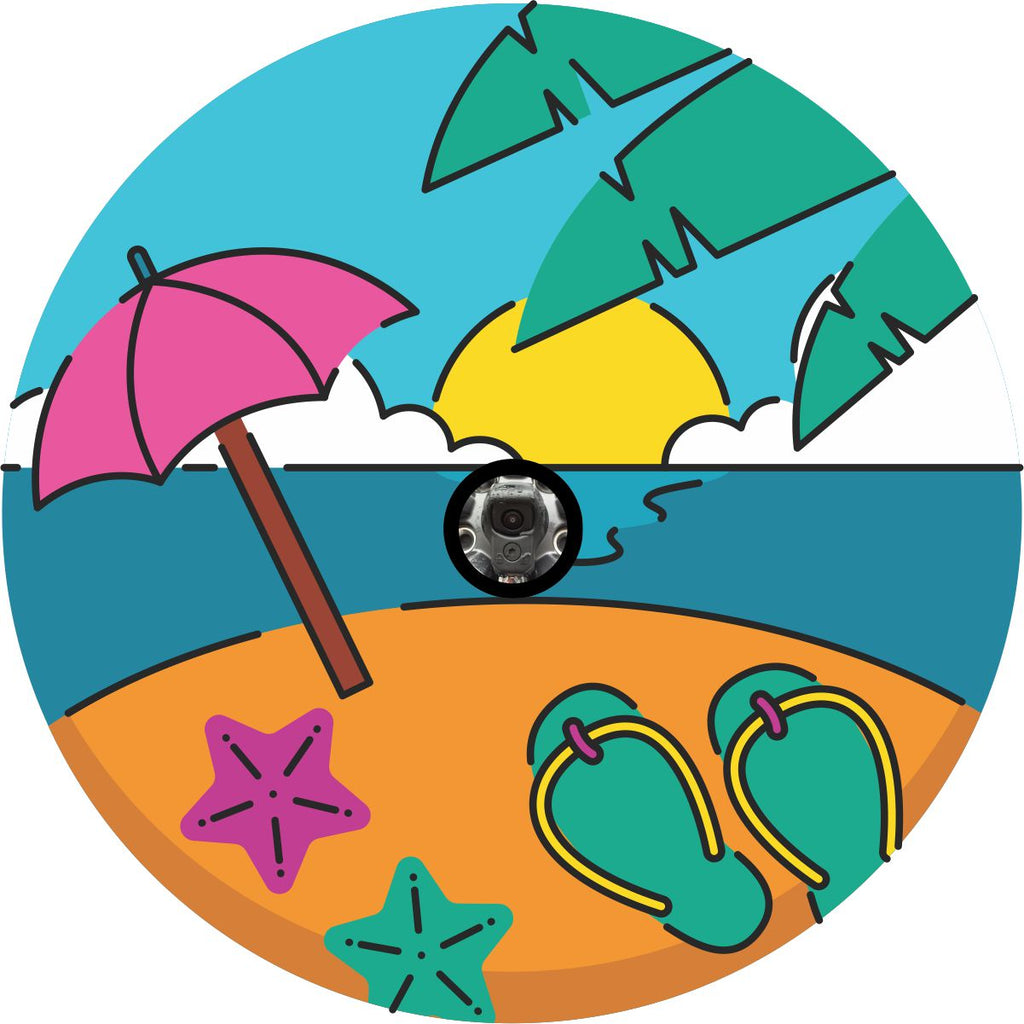 Multicolored tropical beach spare tire cover with design for back up camera with a beach umbrella and flip flops on the sand overlooking a sunset on the sea.