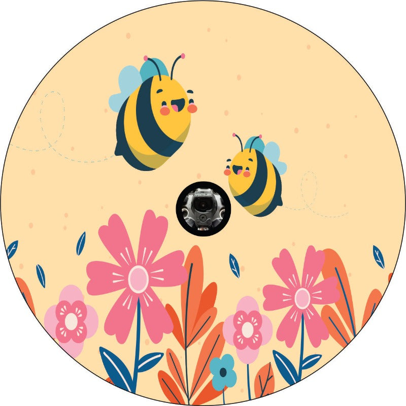 Cute graphic design of happy bees smiling above a field of flowers for a Jeep or camper spare tire cover plus a space for a back up camera