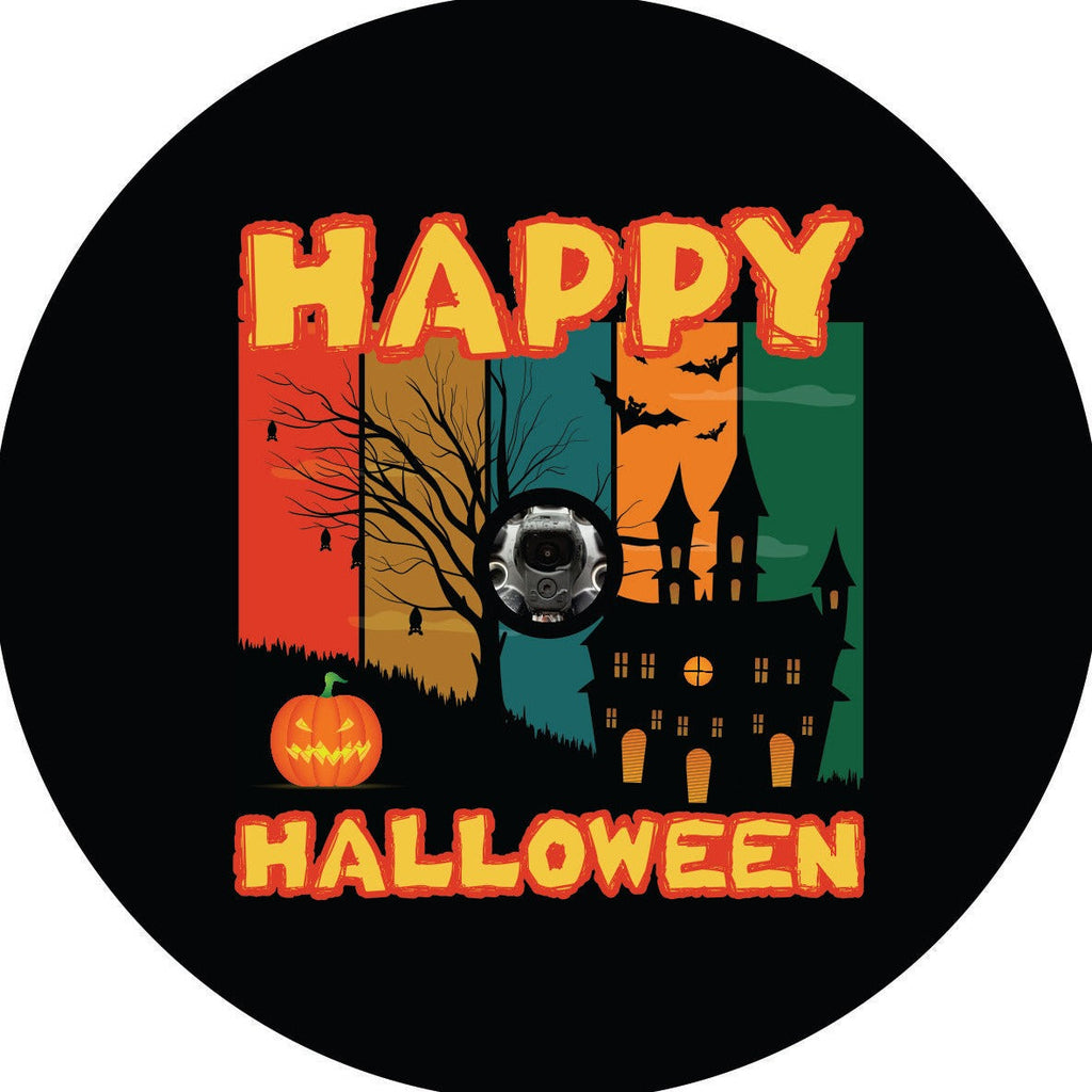 Spooky happy halloween spare tire cover design with multicolored fall colors and a spooky haunted house silhouette with a pumpkin, bats, and trees plus a design for a back up camera