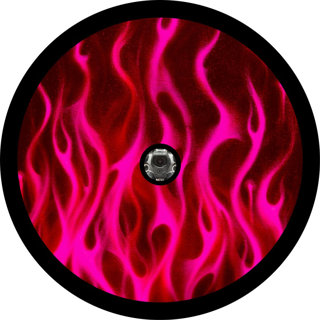 Hot Pink Flame, Pink Spare Tire Cover Designs for Jeep, Bronco, RV, Campers, and more with a back up camera option in the design.