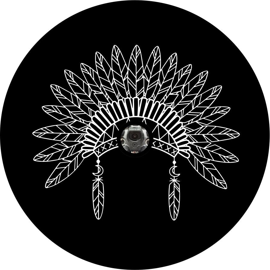 Line drawn silhouette of an native American headdress spare tire cover design on black vinyl with a back up camera.