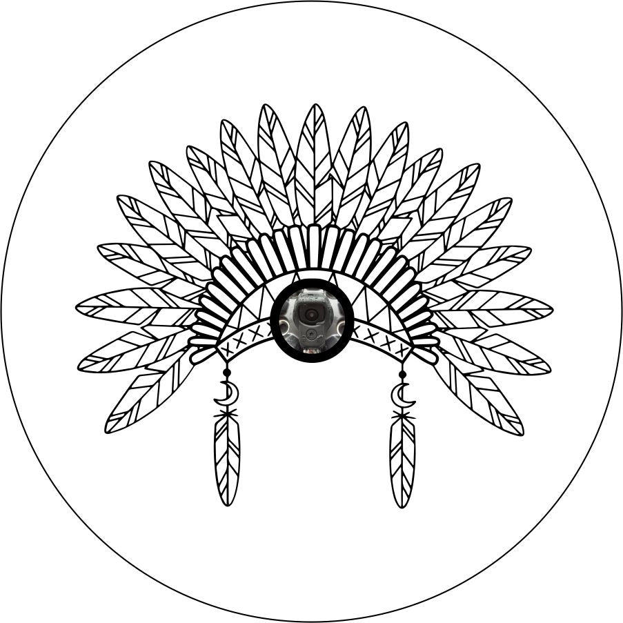 Line drawn silhouette of an native American headdress spare tire cover design on white vinyl with back up camera