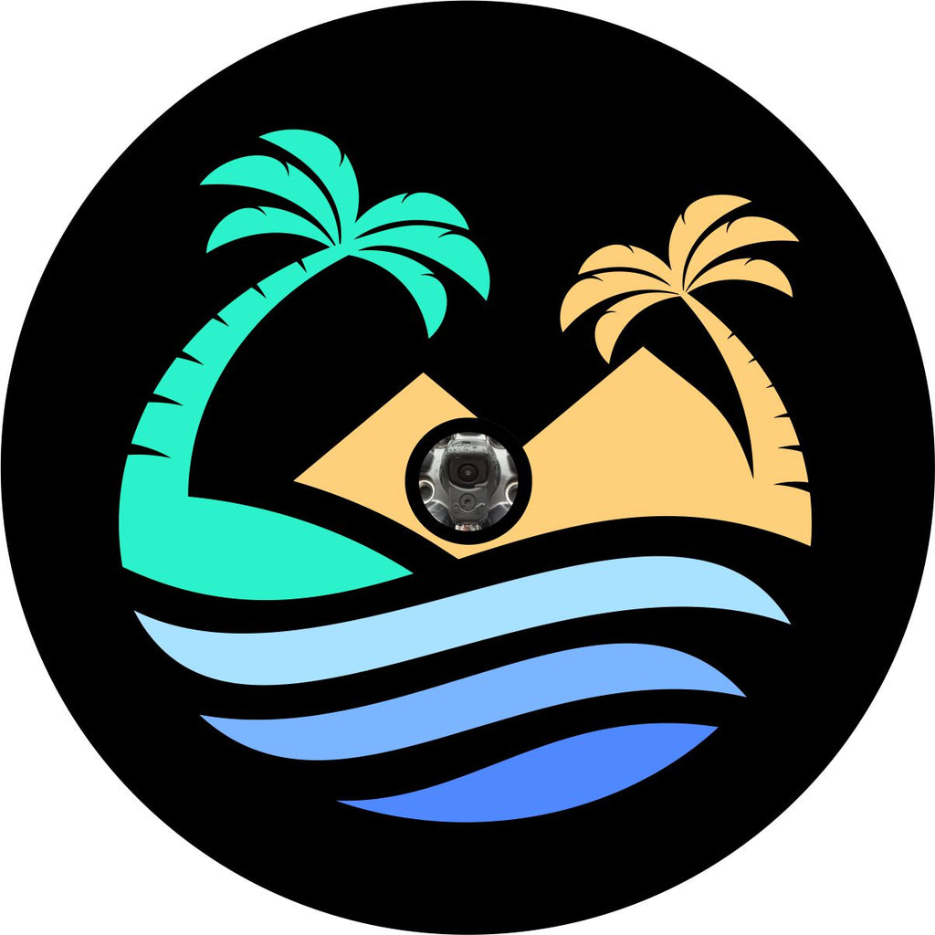 Simple & unique spare tire cover design of a tropical beach scene as silhouettes. Palm trees, cliffs and the water. This tire cover is designed for vehicles with backup cameras. 