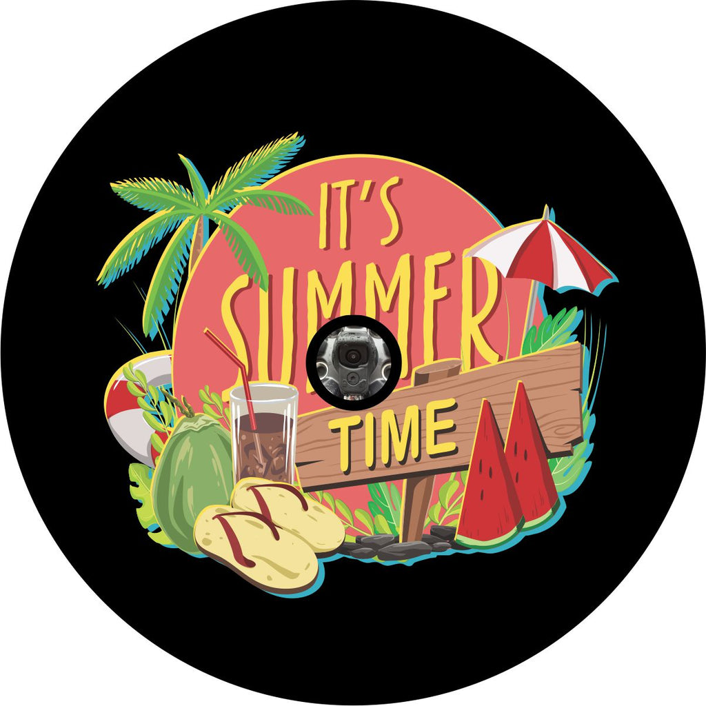 Black vinyl spare tire cover with the saying it's summer time along with all the elements of a tropical summer vacation. Spare tire cover design is created for a vehicle with a back up camera in their spare wheel