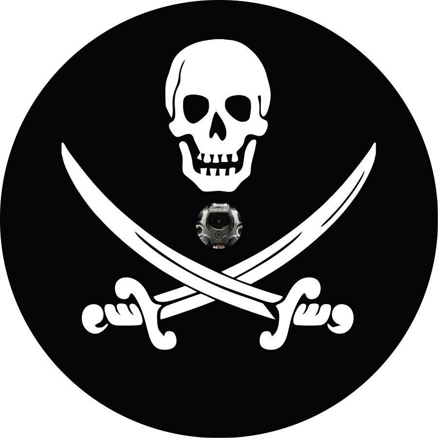 Black vinyl with white Jolly Roger Pirate Skull & Swords Tire Cover for Jeep, Camper & More with back up camera built in