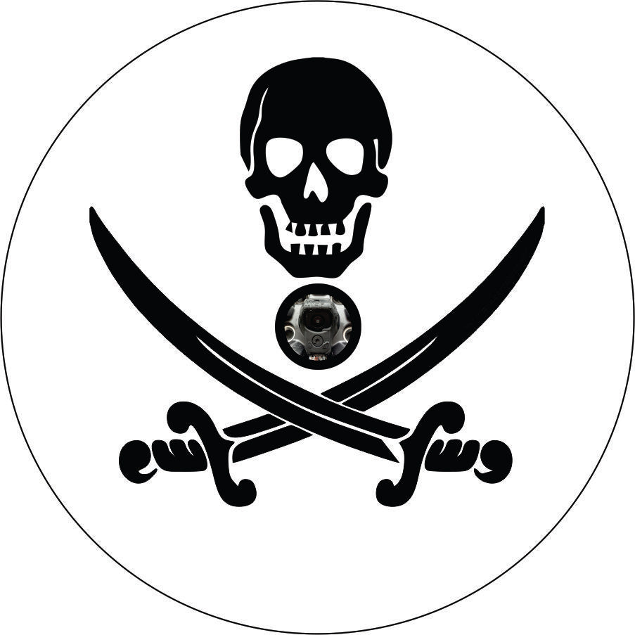 White with black Jolly Roger Pirate Skull & Swords Tire Cover for Jeep, Camper & More with Back up camera designed in