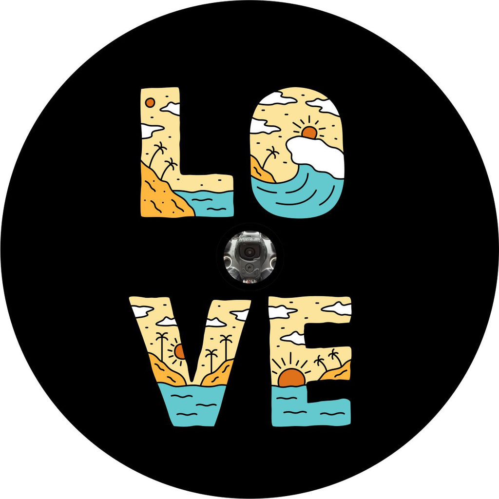 A creative spare tire cover design that says love stacked and a beach scene embedded into the lettering with a spare for a backup camera