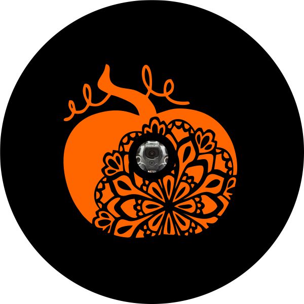 Mandala design inside a orange pumpkin silhouette for a graphic design on a Jeep spare tire cover or any other vehicle tire cover with space for a back up camera.